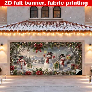 Christmas Garage Banner, Durable Polyester Material, Snowman with Hat and Scarf, Holding Cane, Magic Wand, Gift Box, Festive Decoration