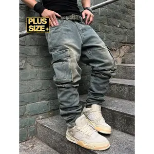 Men's Plus Size Washed Cargo Denim Jeans, Multi Pocket Streetwear Pants, Loose Fit Cotton Jeans, Tactical Casual Trousers, Durable Work Jeans for Men, Outdoor Adventure Wear