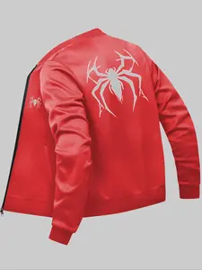 Men's Spider Print Zip Up Baseball Collar Jacket, Casual Long Sleeve Pocket Outerwear for Daily Wear, Fashion Men's Clothes for All Seasons Stretchy Fabric