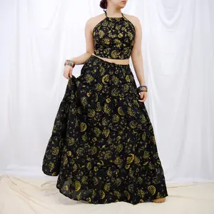 Flowy Tiered Cotton Skirt with Pockets, Boho Skirt set with Halter Top, Mushroom Celestial  Outfit, Bohemian Hippie Style, Summer Outfit, Whimsy Goth Outfits, Skirt with Pockets, Festival Fashion, Long Maxi Skirt