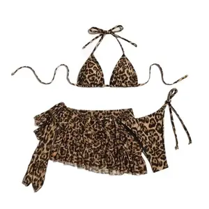 New Leopard Print Women Swimsuit Push Up 3-Piece Set Bikini Set Padded Beachwear Beach Vacations