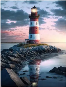 Beach and Lighthouse 5D Diamond Art Kits for Beginner DIY Full Drill Diamond Dots Crystal Craft Kits for Home Wall Decor Gifts Ocean Coastal Seaside