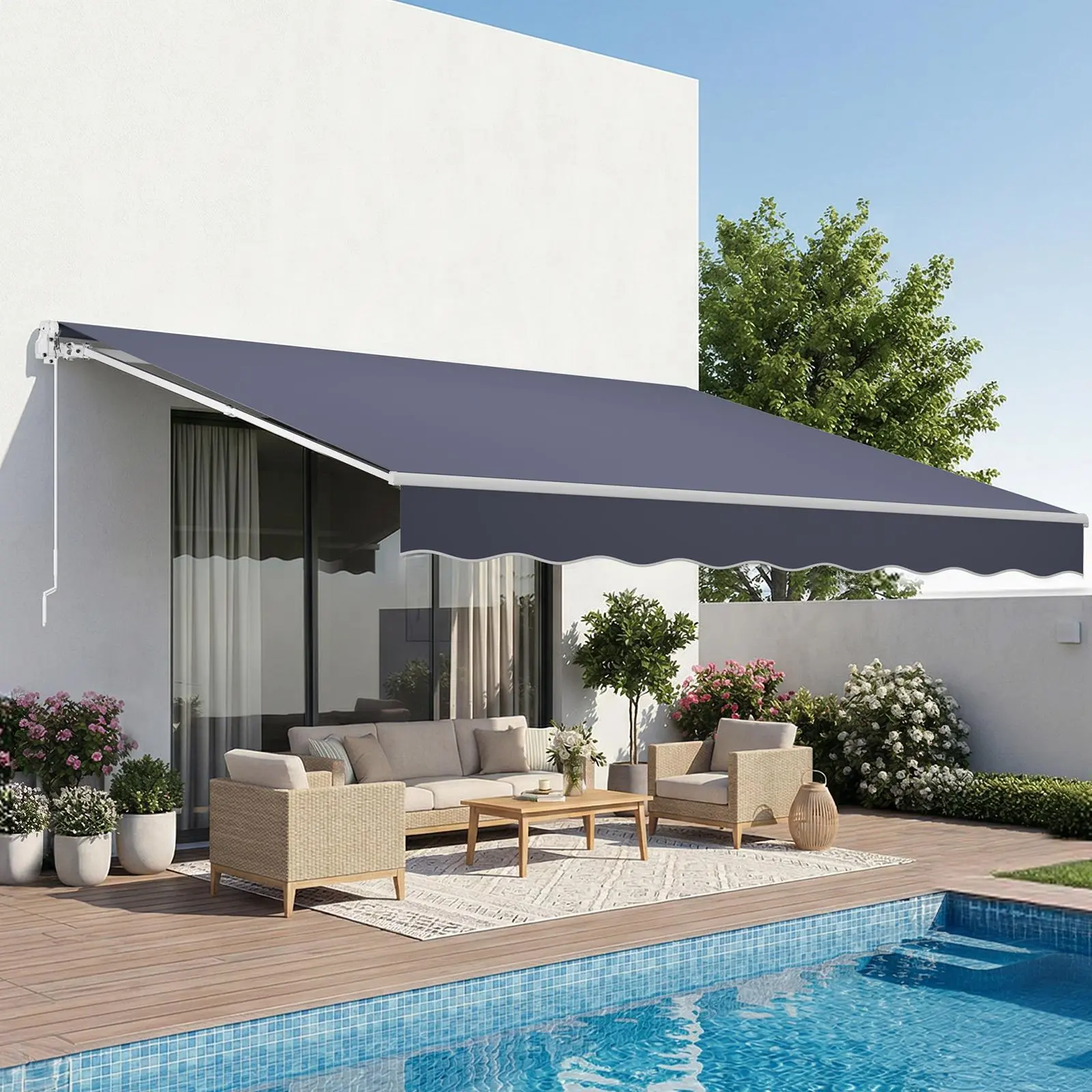 VEVOR Rectangular Manual Retractable Awning Kit, 11.5'x9.8' Canopy Shade with Steel Bracket, Aluminum Arms, 280 g/m² Water-Resistant Polyester, Adjustable Tilting Crank Handle for Outdoor Patio Sunshade, Gray#SohoChic