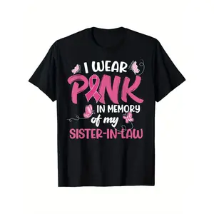 [100% Cotton] 100% Cotton Men's Breast Cancer Awareness T-shirt-I Wear a Pink Pink Text Blouse in Memory of My Sister-in-law -180g Heavy Cotton Loose-fitting Black Top for Charity Walking and Daily Support-sizes XL to XXXXL-machine Washable, Themed Clothi