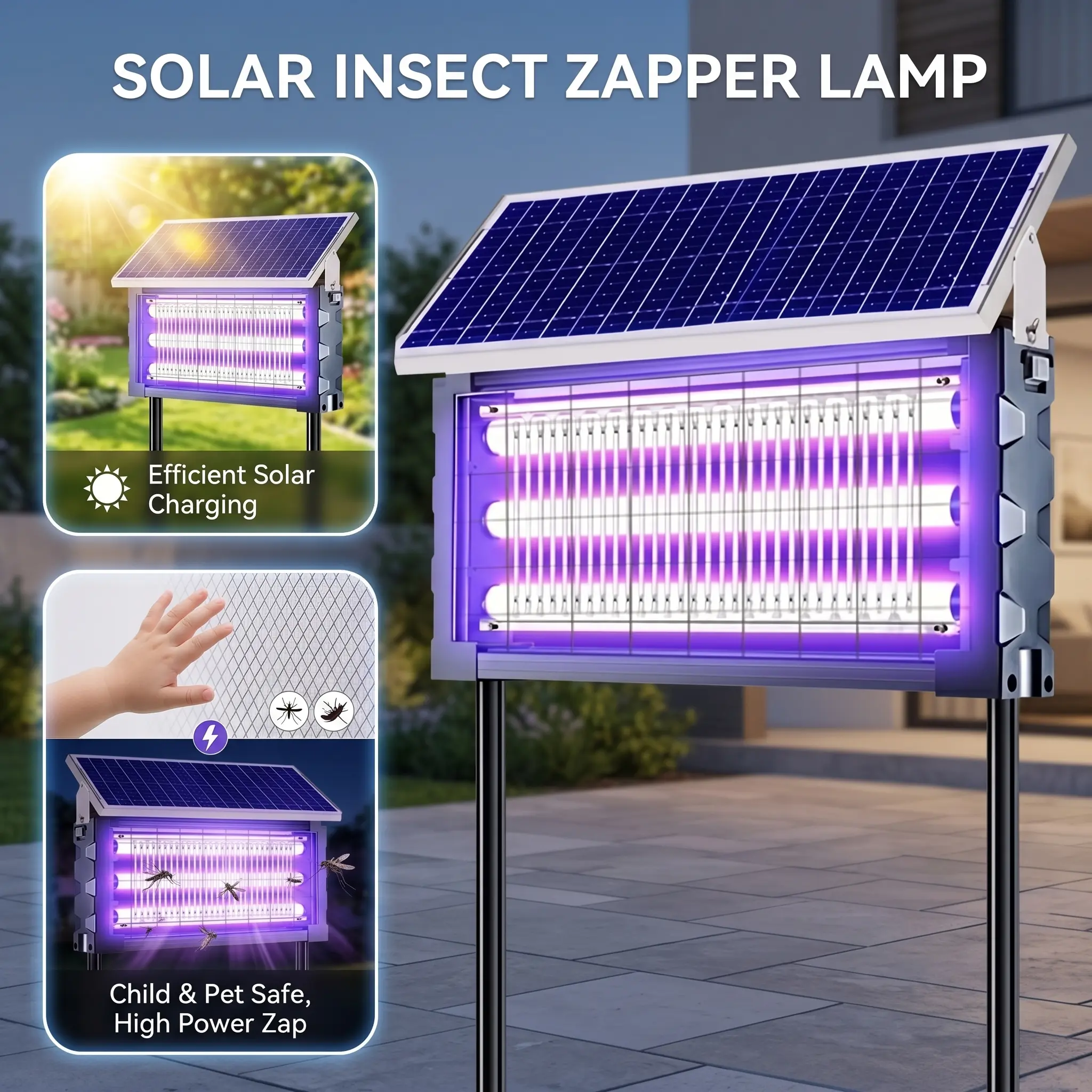 Solar outdoor electric mosquito and insect killer lamp, 3-tube high-efficiency model, solar and USB charging, large capacity battery, IPX5 waterproof and durable design, suitable for summer home gardens, courtyards and outdoor camping