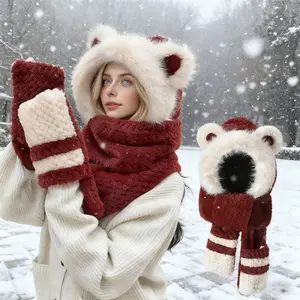Red and White Color-Blocked Bear Balaclava Hat Three-Piece Set Fleece-Feel Warmth for Autumn Winter and Christmas Outfits