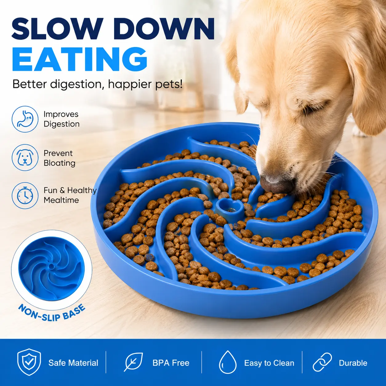 Non-Slip Silicone Slow Feed Dog Bowl - Interactive Puzzle Enrichment Feeder for Puppies, Dry/Wet Food Daily Feeding, Easy-to-Clean with External Water Lick Ball pet mat raised cat