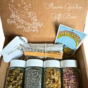 Organic Flower Garden Gift Box with Chamomile, Lavender, Calendula, Pink Rose Petals in Glass and Cleansing & Smudging Bundle