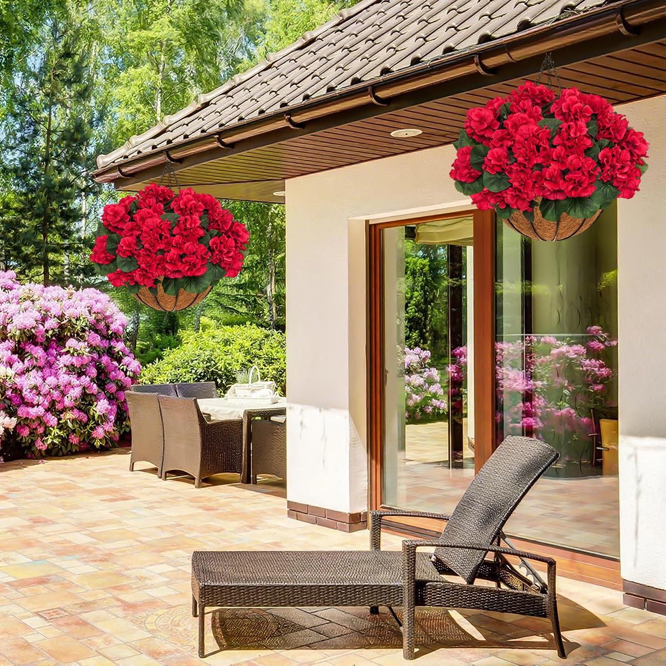 2pcs Artificial Geraniums with Hanging Baskets, 12 Bundles UV Resistant Artificial Outdoor Plants, Fake Red Flowers for Spring Front Porch Home Patio Balcony Yard Decor