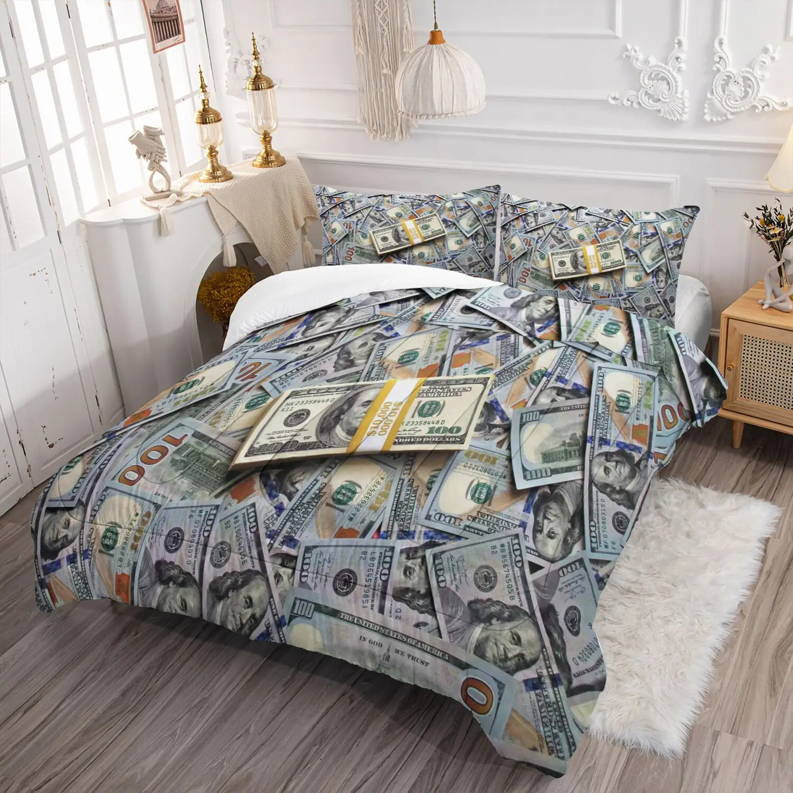 Money-Themed Bedding Set: Fun U.S. Dollar Print Comforter & Pillowcase Set — Novelty Bedroom Decor that is High-End, Stylish, Soft, and Comfortable (Includes 1 Quilt  + 1 or 2 Pillowcases) 11 Different Denominations Of Coins Are Available.