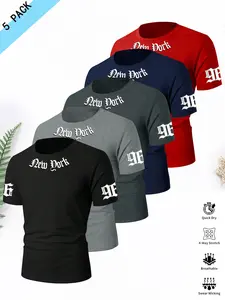 5-Piece set Men's Round Neck Casual Tee , Letter Print Running Gym Workout Short Sleeve Tops, Athletic Fashion Activewear, Comfortable Soft Versatile Tee for Outdoor Fitness and Leisure
