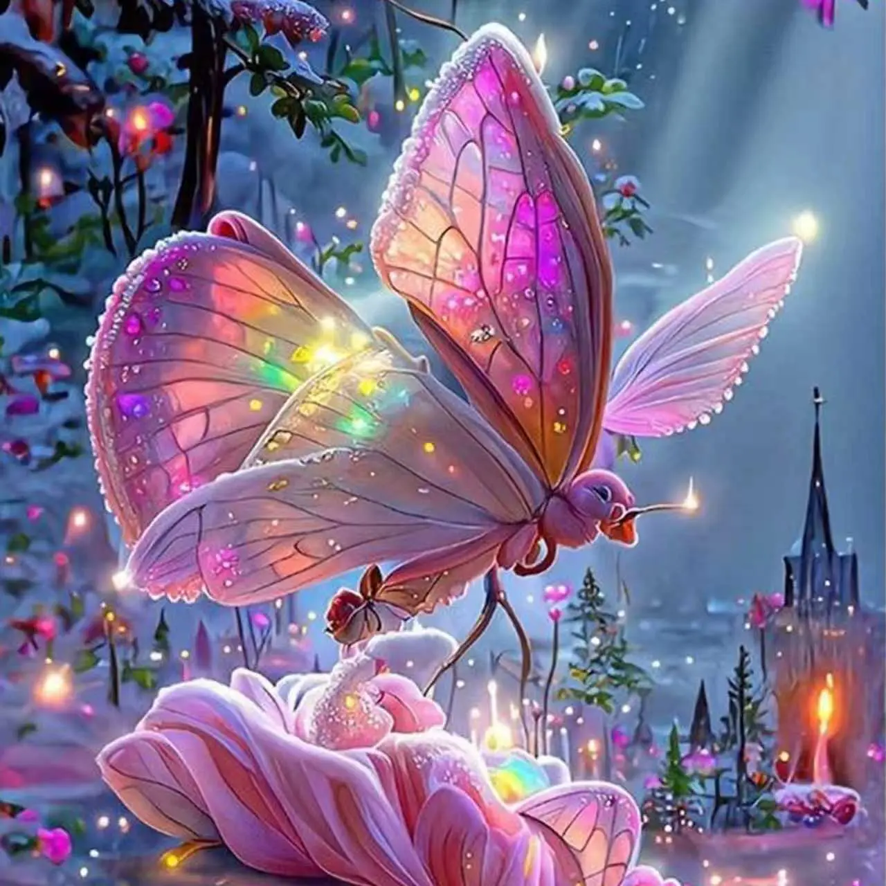 DIY Diamond Art Kit, Fairy Tale Pink Glowing Butterfly Winter Castle Design, 11.8"×11.8" Size