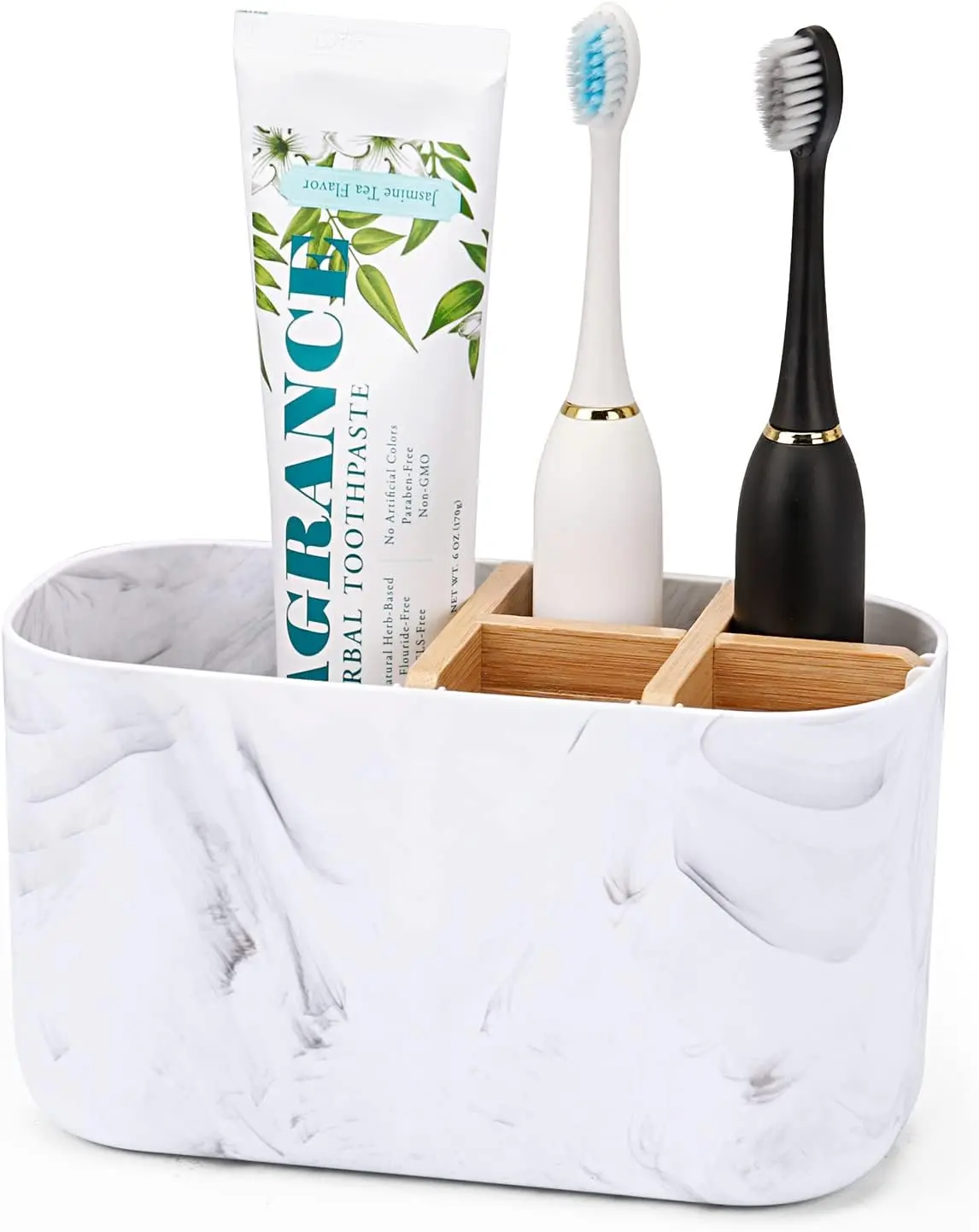 Toothbrush Holders for Bathrooms, 5 Slots Bamboo Toothbrush Holder Kids Electric Toothbrush Holder and Toothpaste Holder for Bathroom Countertop Accessories Storage, Marble Toothbrush Organizer | 5 Slots Kids Electric Toothpaste Holder with Bamboo Divide
