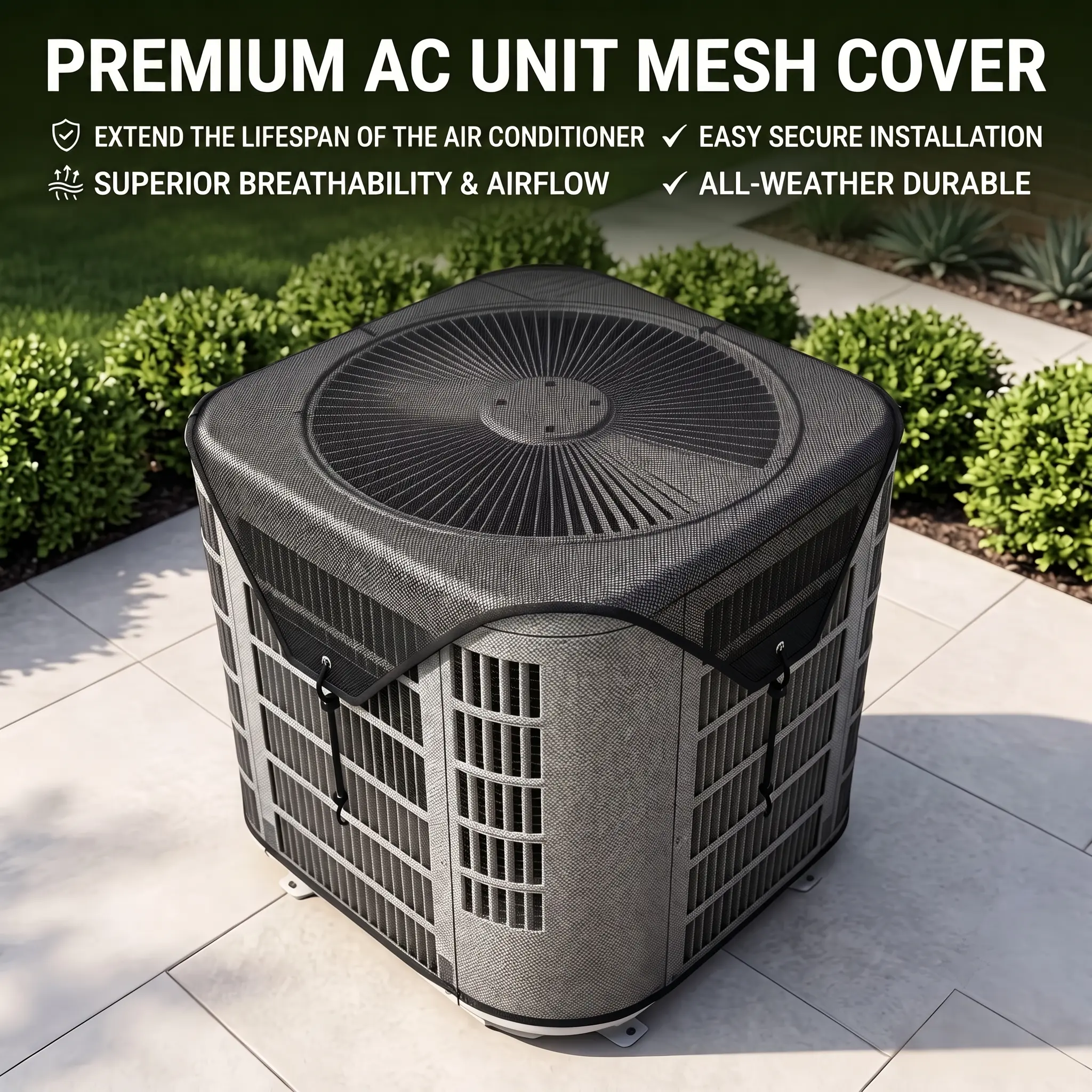 Eco-Friendly Durable 28x28in Outdoor Central AC Mesh Protector, Ventilated Breathable Top Air Conditioner Cover, All Season Dust & Flying Debris Barrier for Outdoor Condenser Units windproof design dustproof outside external machine adjustable buckle