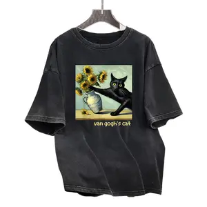 Washed Cotton T-Shirt with Black Cat and Sunflower Graphic – Cute Summer Streetwear Top