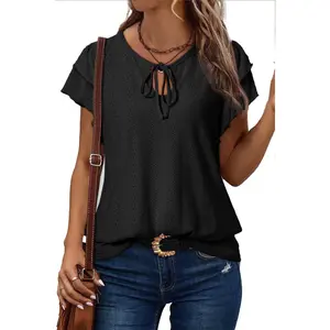 Angerella Womens Fashion Trendy Dressy Casual White Ruffle Blouse with Tie Neck and Short Sleeve Summer