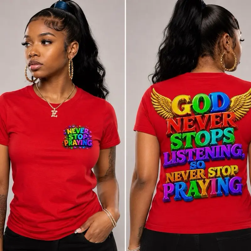 Women's 100% Cotton Short-Sleeve "Never Stop Praying" T-Shirt, Streetwear Womenswear Top, Tshirt