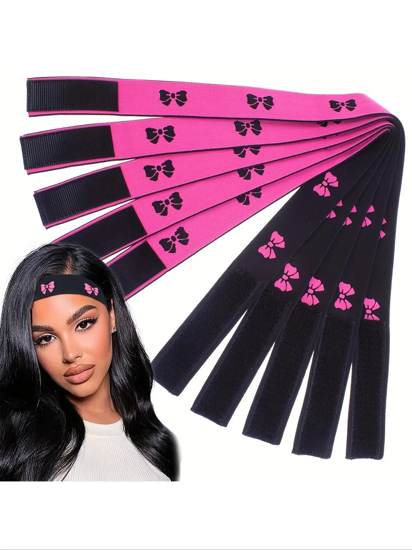 6pcs/set hair Lace butterfly printing wrapping melt wrap head elastic band, Hairbands, Adjustable Headband, hair cap headband frontal wrapping melt band, hot pink and black each side, can be use both side Tubi Hair Wrap Elastic Headbands