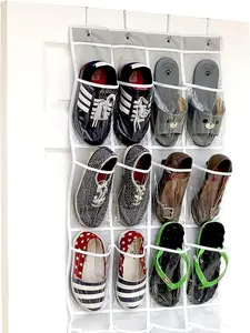 24 Pockets Crystal Clear Over The Door Hanging Shoe Organizer Gray 64'' x 19'' Multi Compartments Storage Solution