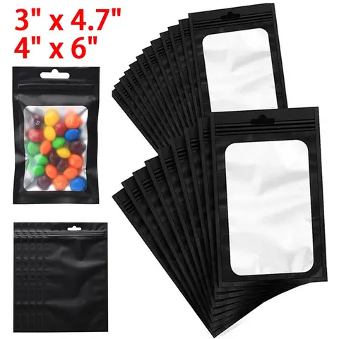 SJPACK 100-Piece Multi-Size Black Holographic Aluminum Mylar Sealing Storage Bags - Resealable Zip-Top, Smell-Proof, Water-Resistant, FDA-Approved Pouches for Beauty, Jewellery (USA Stock Boxed Set)