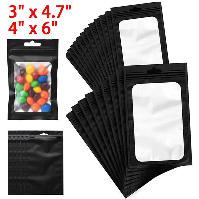 SJPACK 100-Piece Multi-Size Black Holographic Aluminum Mylar Sealing Storage Bags - Resealable Zip-Top, Smell-Proof, Water-Resistant, FDA-Approved Pouches for Beauty, Jewellery (USA Stock Boxed Set)