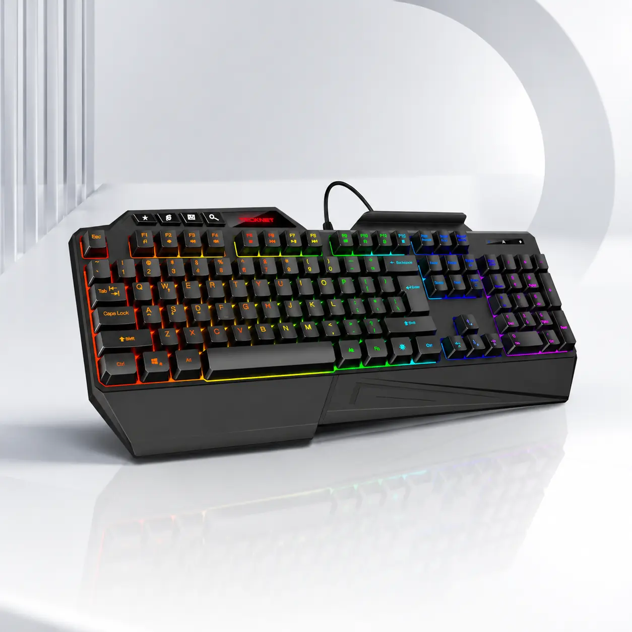 TECKNET Wired RGB Gaming Membrane Light Up LED Backlit Keyboard - 108-Key, 26-Key Anti-Ghosting, 13 Lighting Modes, Spill-Proof Durable, Ergonomic Wrist Rest, Phone Holder, Plug & Play, Windows/Mac Compatible PC Accessory for Gamers, Light Up Keyboard, Pc