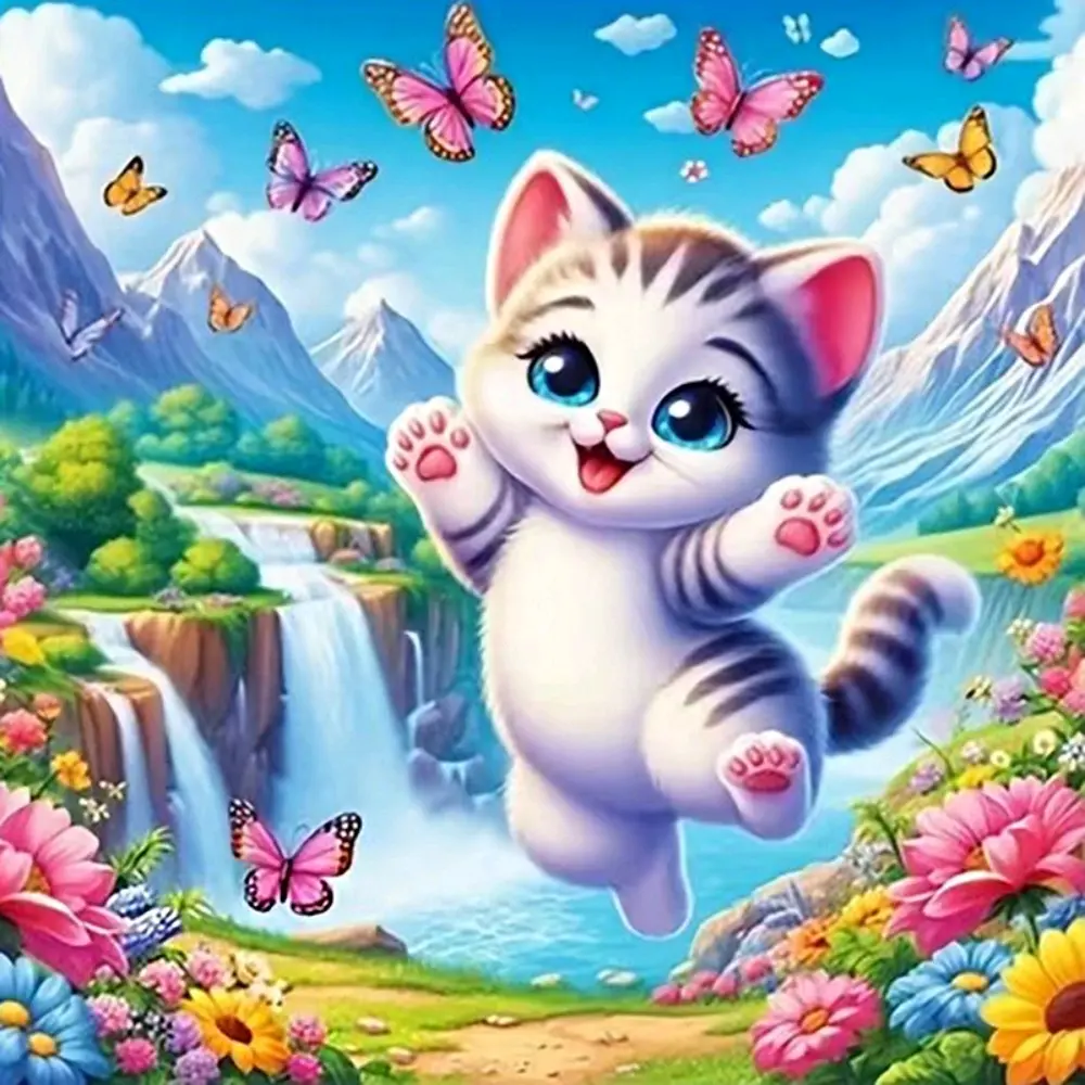 Playful Tabby Kitten Chasing Butterflies by Waterfall, Multiple sizes available including square diamonds. This 5D DIY diamond painting set diamond art embroidery kit handmade decor holiday birthday art personalized gift, Handmade gifts