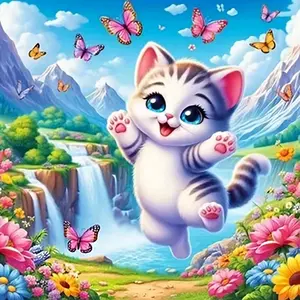 Playful Tabby Kitten Chasing Butterflies by Waterfall, Multiple sizes available including square diamonds. This 5D DIY diamond painting set diamond art embroidery kit handmade decor holiday birthday art personalized gift, Handmade gifts