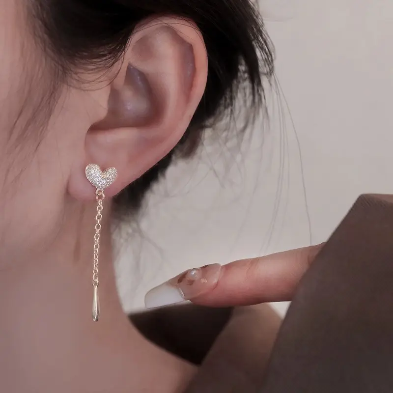 Soco S925 Silver Needle Full Diamond Heart Tassel Earrings for Women DDES0783 Niche Light Luxury High-End Earrings 214K Gold-Plated