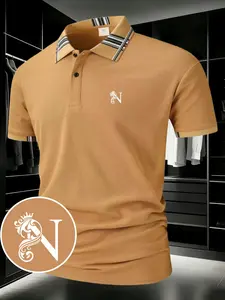 Stylish Business Men's Crown Letter Printed Short Sleeve Polo Shirt, Menswear for Daily Office Casual Gatherings and Outings Top