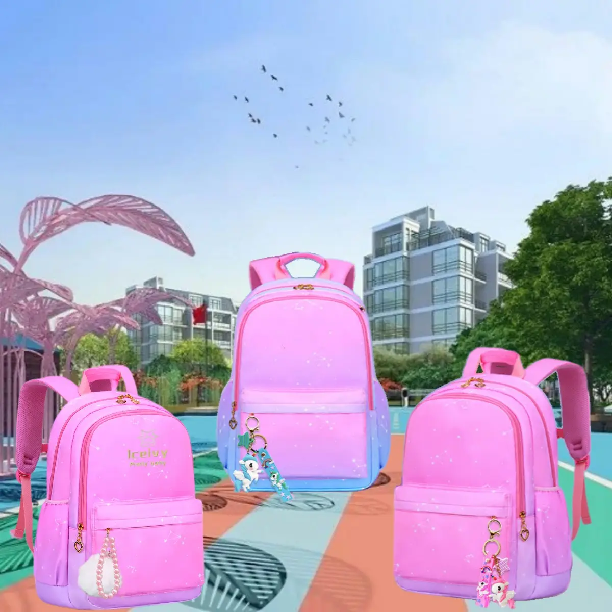 Elementary School Girls' -Safe Backpacks for School - Waterproof Polyester Booksack, Large-Capacity Multi-Compartment with Unicorn Princess Pendant & Gradient Print Luggage Accessory  bags for school mochilas para niñas