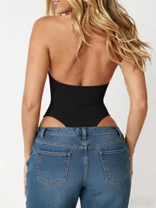 Women's Solid Deep V-Neck Backless Bodysuit, Summer