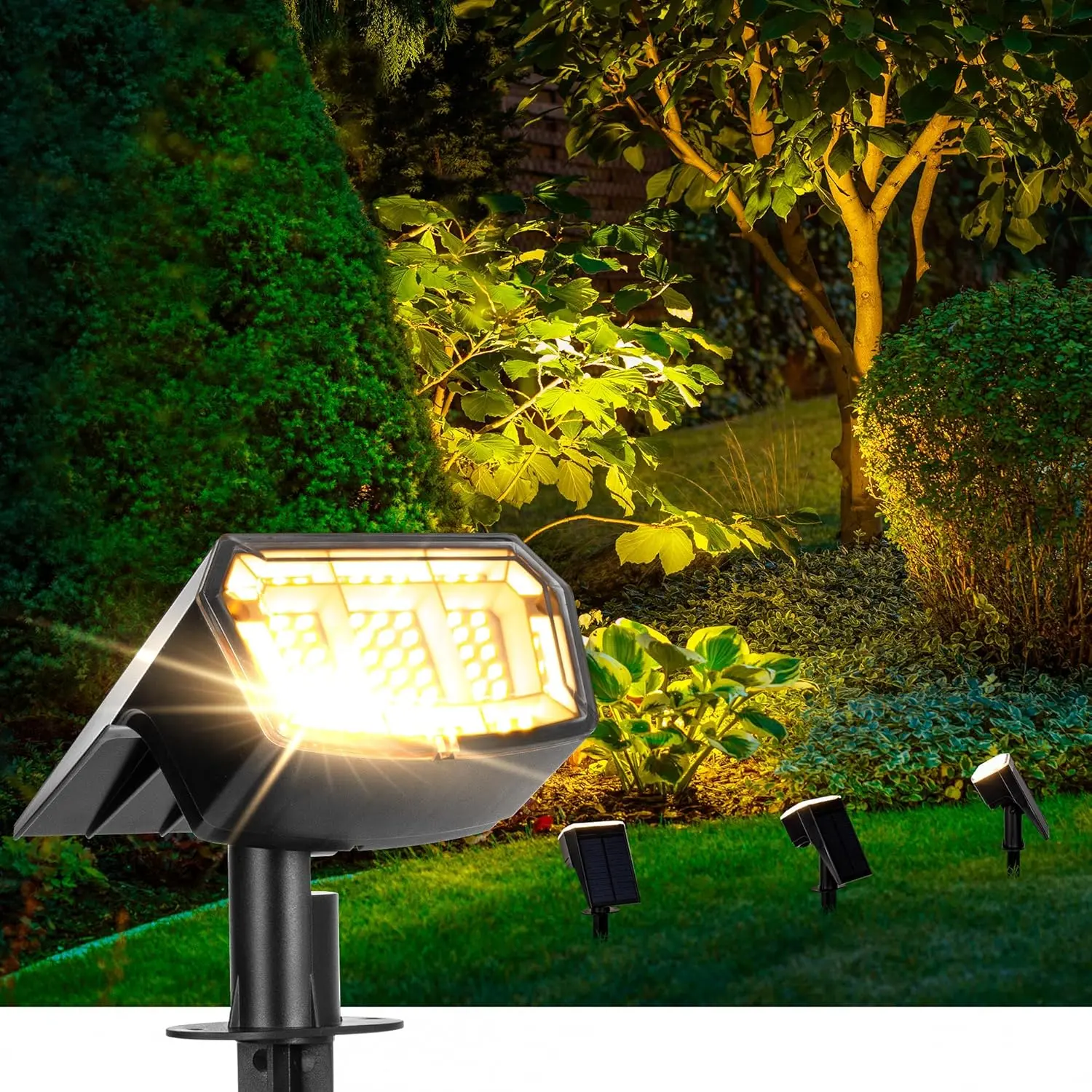 Solar spotlights Outdoor 63 LED 3 Lighting Modes, IP65  Lighten Yard Garden House Garage Pathway for Christmas Decorations-2 Pack