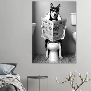 Funny Husky Bathroom Art Print: Black and White Dog Poster