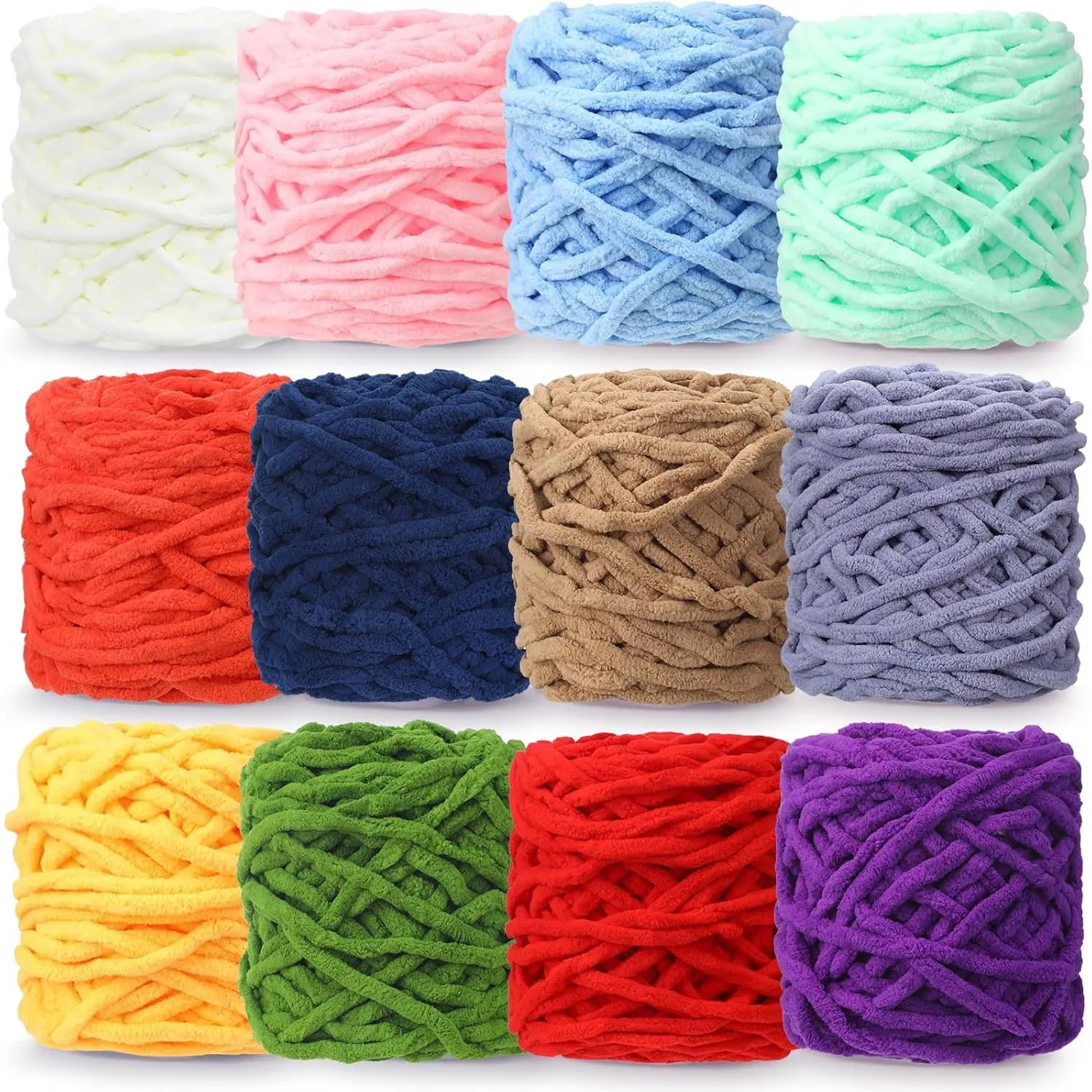 12 Pack Chunky Chenille Yarn for Crocheting Soft Thick Fluffy Yarn for Hand Knitting Bulky  Blanket Plush for Weaving DIY Crafts Each 3.5 oz 55 Yards (Classic Colors)