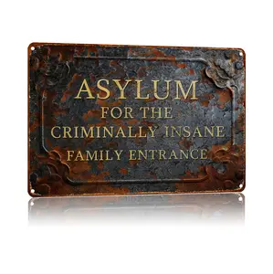 Asylum Criminally Insane Family Entrance Retro Horror Poster Retro Kitchen Bedroom Motivation Living Room Signs 8x12 Inch Wall Decor Metal Sign Posters for Bathroom Garden Farm Bar Garage Restaurant Man Cave Dormitory