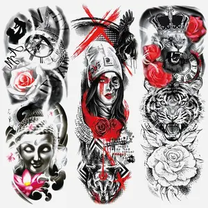 3-Pack Full Arm Temporary Tattoo Stickers, Waterproof Lion Tiger Floral Cross Border Large Design, Long-Lasting Low Allergy Body Art, Perfect for Parties
