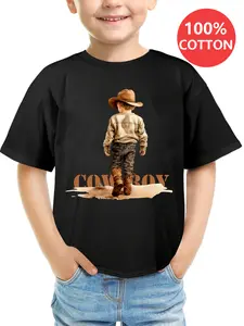 Boys' T-shirts Cowboy Boy Standing Back View Print 100% Cotton Short Sleeve T-shirt Durable Knitted Fabric for All Seasons Country Tshirt