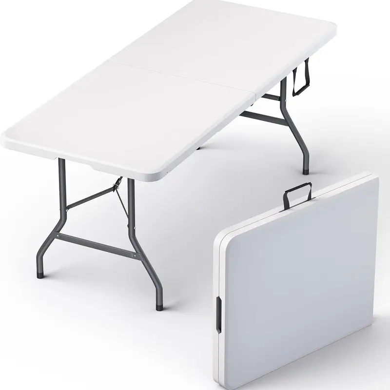 6-Foot Classic Folding Table - Heavy Duty Steel-Plastic Construction, Stainless Steel Legs, Lock-Leg Stability, Built-in Handle, Portable, High Weight Capacity, Wipe-Clean Top, Indoor/Outdoor Dining Table for Garden Party, Storage