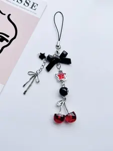 Charms Red Cherry Bow Phone Chain Key Ring Y2K Bag Pendant Keychain Attachment Accessory Girlfriend Gift
