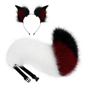 Cosplay Fox Ear Headband and Tail Set – Red Black Faux Fur Animal Costume Accessories for Halloween, Anime, Furry, or Festival Wear Masks Light