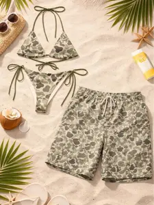 Light Green Matching Camo Couple Swimsuits Set, BF and GF Matching Swimsuits, Camo Bikini Set for Women, Matching Duck Camo Swimwear Set for Couples, Couple Trendy Camo Bikini And Short, Summer Beach Vacation Outfit