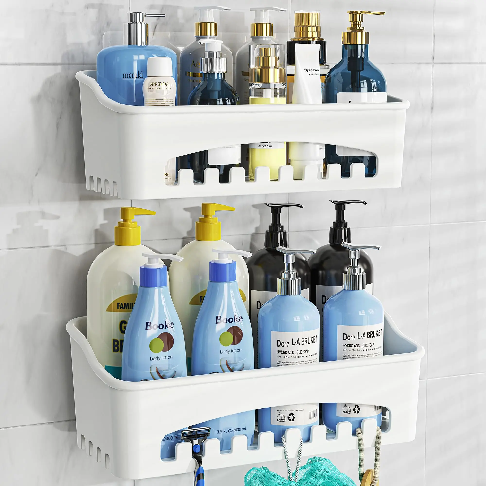 2-Pack Large Shower Caddy Shower Organizer, Strong Adhesive Rustproof Shower Shelves No-Drill Easy Installation Shower Storage, White