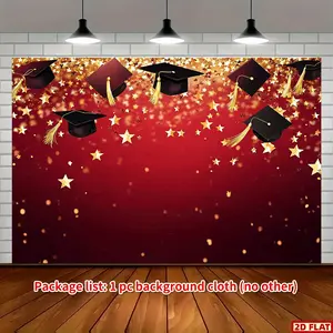 2D Flat Banner, 1pc Graduation Caps Golden Stars Red Background Cloth, 179.83×229.87cm, Party Banner, Grad Party Decorations, Elegant Graduation Ceremony Party Decor Photo Booth Backdrop for Graduation Party, Studio Photography, Online M