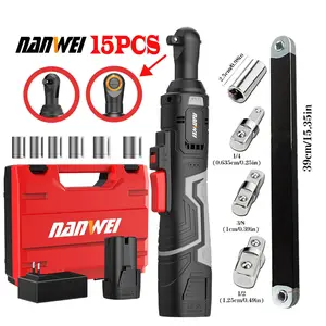 NANWEI 15PCS Set 16V Cordless Electric Ratchet Wrench + Sleeve Extension Rod Set, Includes 6 Sockets, Equipped with A 2.0Ah Battery And Fast Charger