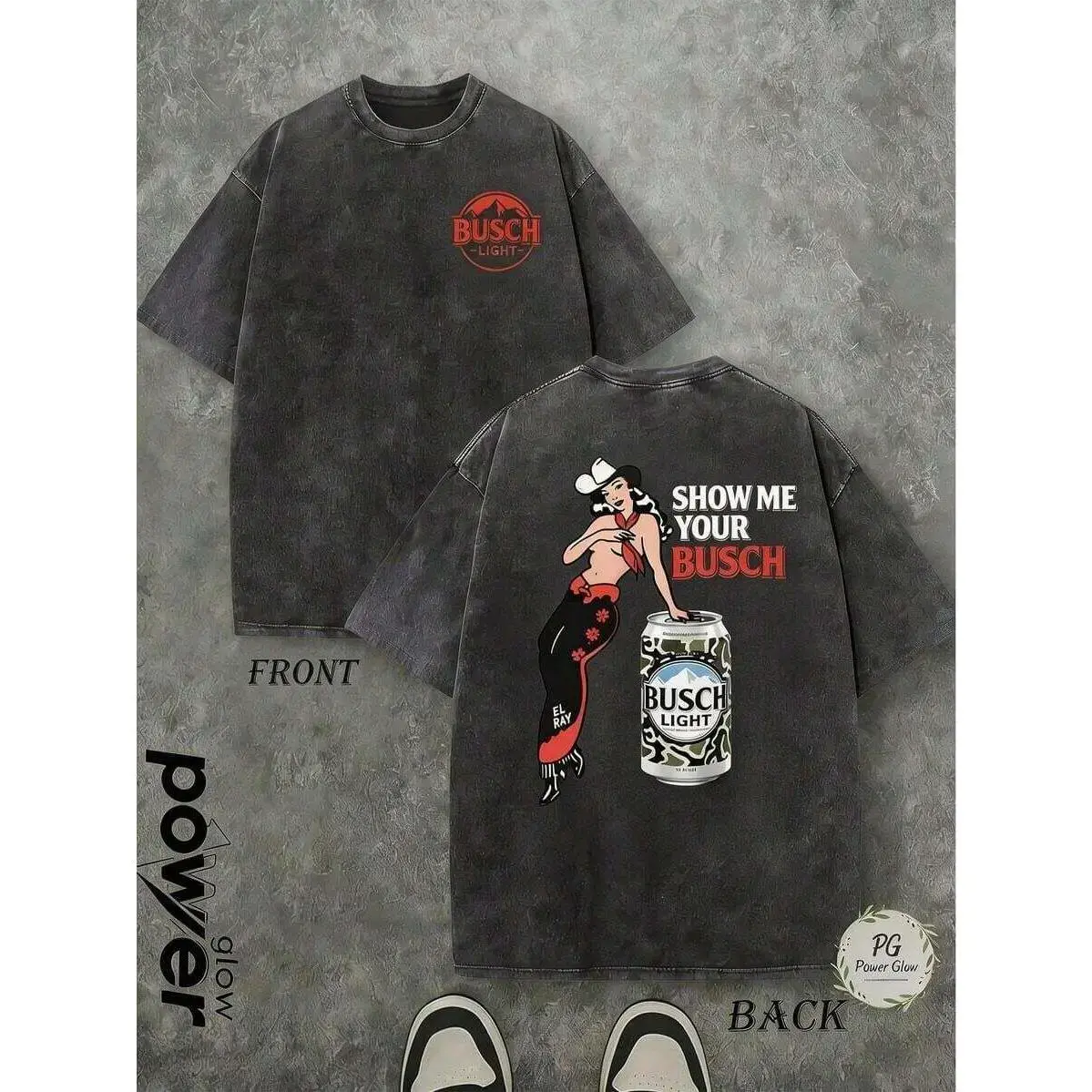 Mens Clothes;Summer TopsOrcacoatings Men's Washed Black "Show Me Your Busch Light Cowgirl" Graphic Tee, Crew Neck Casual T-Shirt With Beer Graphic, Country-Inspired Top Perfect For Daily Wear
