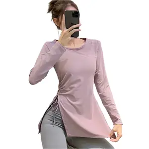 Pleated Side Slit Long Sleeve Sports Shirt for Women
