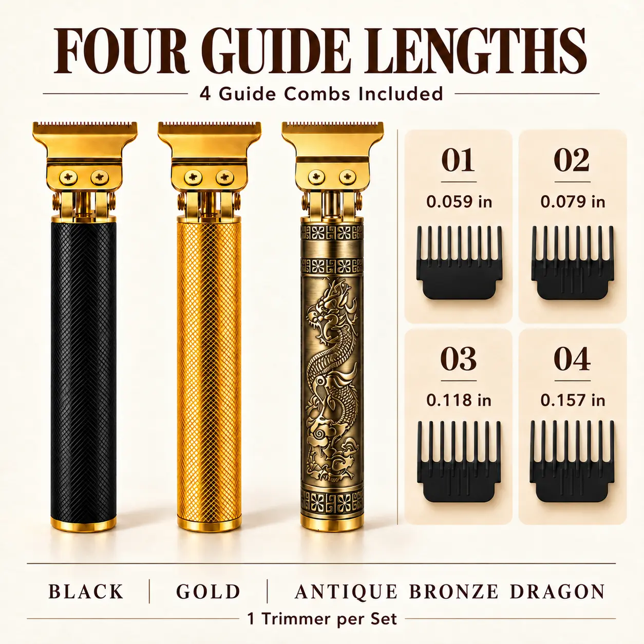 Men’s Hair & Beard Trimmer, USB Rechargeable T-Blade Edger with 4 Guide Combs, Black, Gold or Antique Bronze Dragon