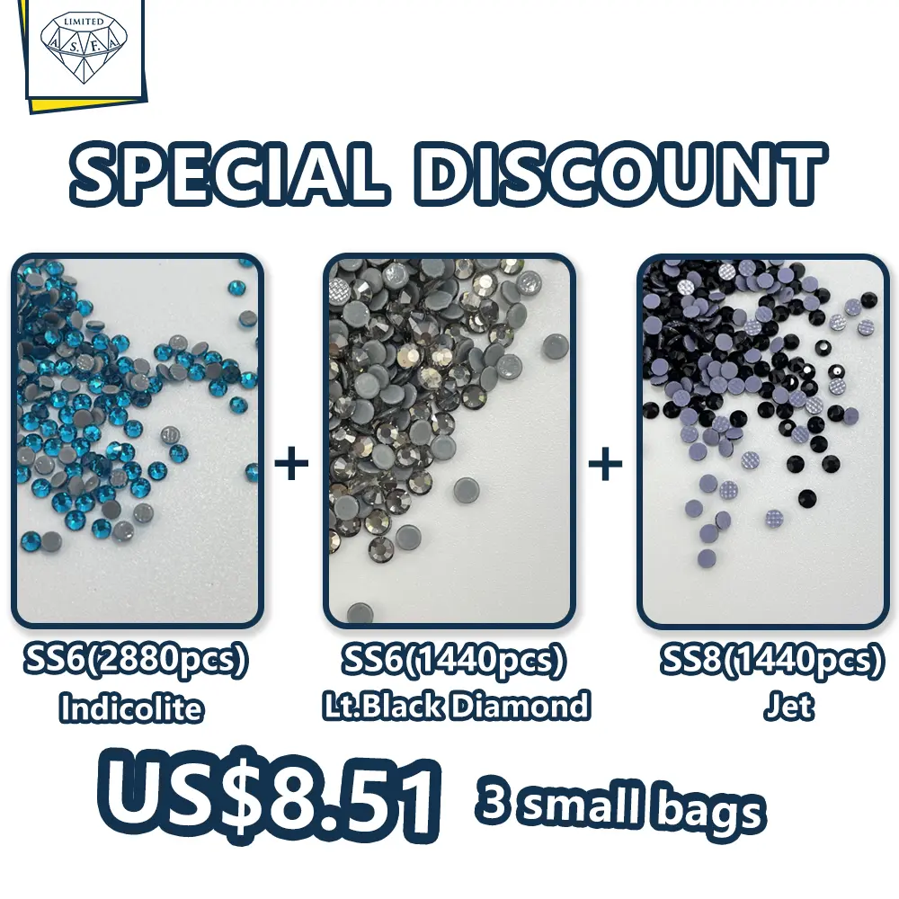 Hot Fix Rhinestones Set - 4320pcs Total in 3 Small Bags (1440pcs Each), Sparkling Indicolite, Lt. Black Diamond, Jet with SS8 SS6 Sizes for Handmade Clothing Decoration, 1440 Pcs