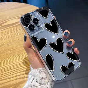 Luxury Love Heart TPU Pattern Phone Case for iPhone 16 15 14 Pro Max 13 12 11 XR XS Plus Non-Yellowing Drop Protection Transparent Silicone Cover Cellphone Protective